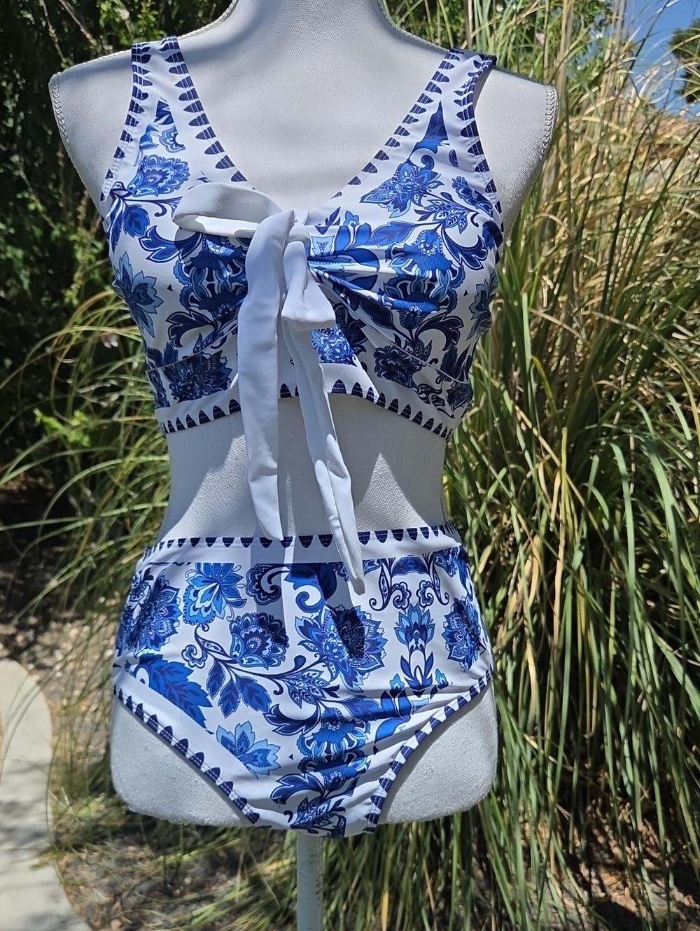 Blue & White Floral Tie-Front Bikini Set